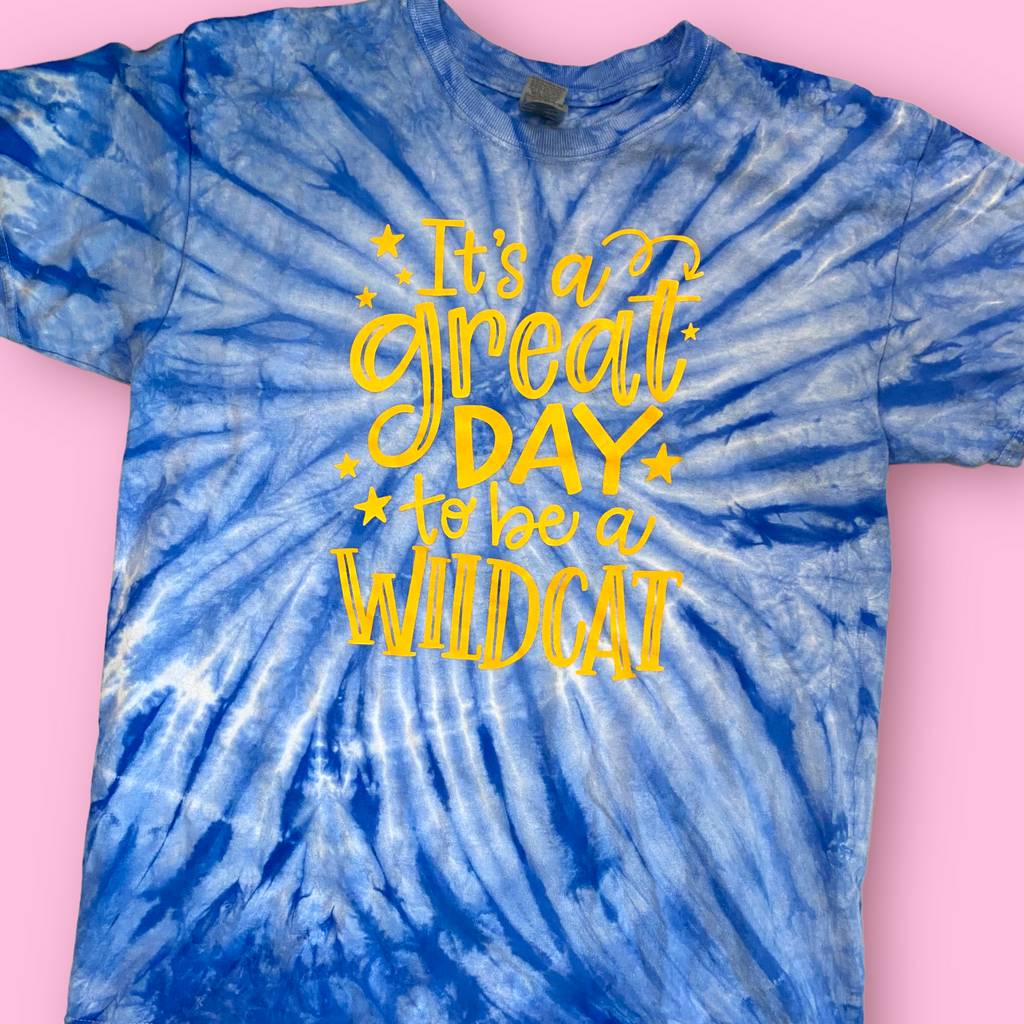 blue tie dye shirt yellow print its a great day to be a wildcat youth and adult gift