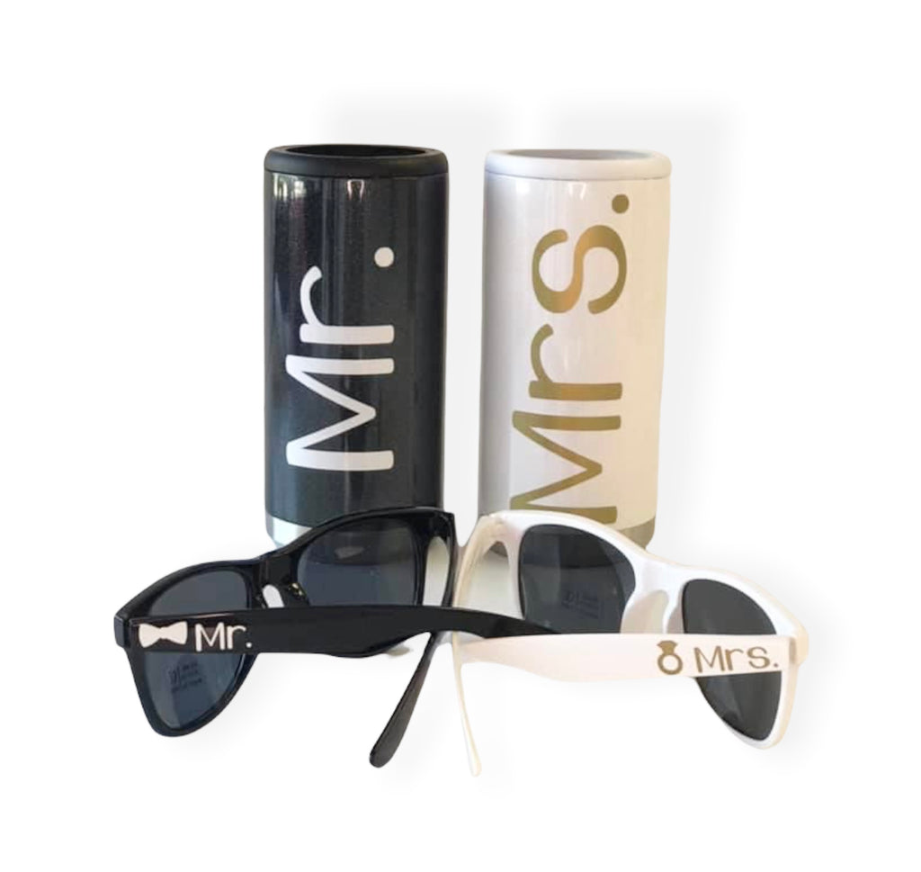 black white sunglasses can coolers in gold on white mr in white on black