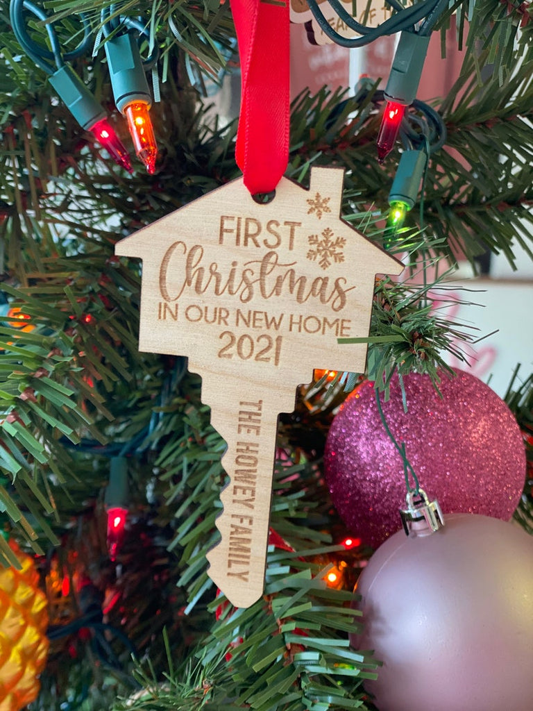 wooden laser cut Christmas ornament key shaped new home moving family couples