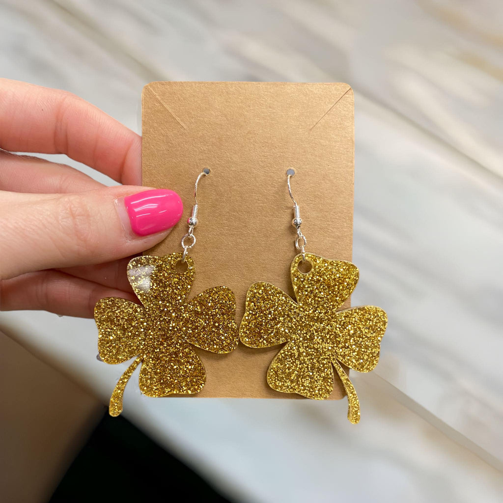 gold glittery acrylic earrings st. patricks day seasonal cute gift lucky four leaf clover