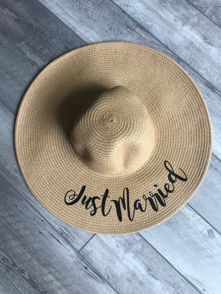 wife bride wedding gift floppy hat for her text says just married customizable