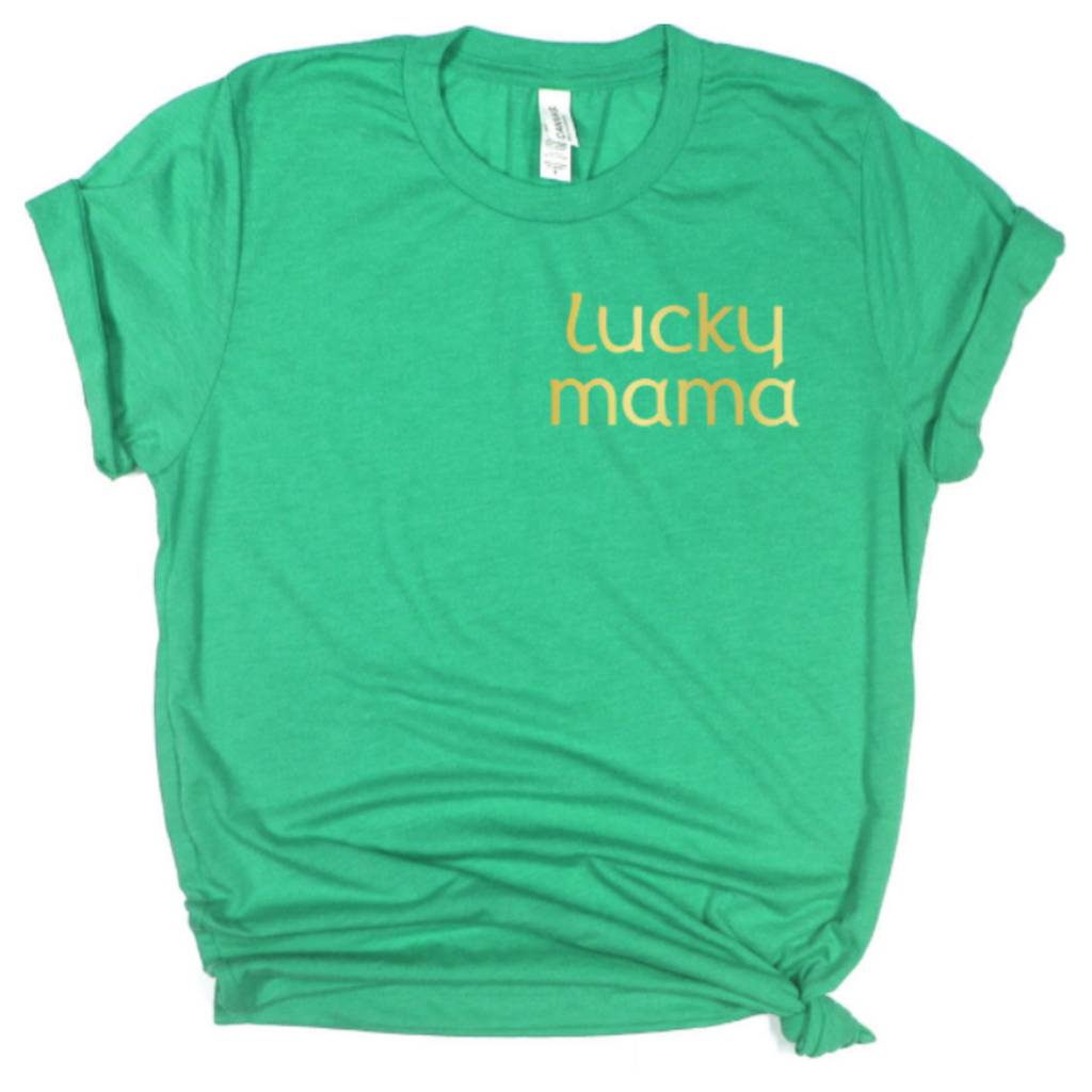 green t-shirt gold print lucky mama mothers day st Patrick seasonal gift for mom