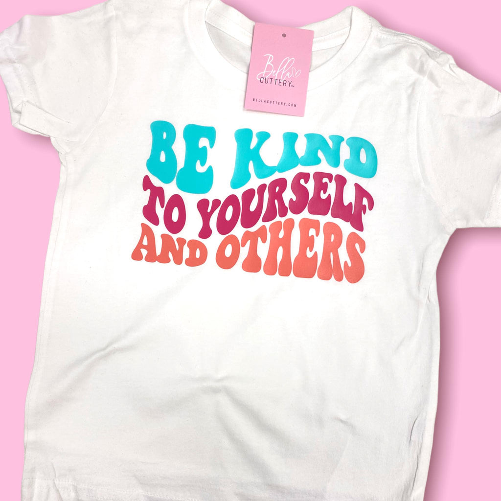 child adult t-shirt be kind to yourself and others 80s font