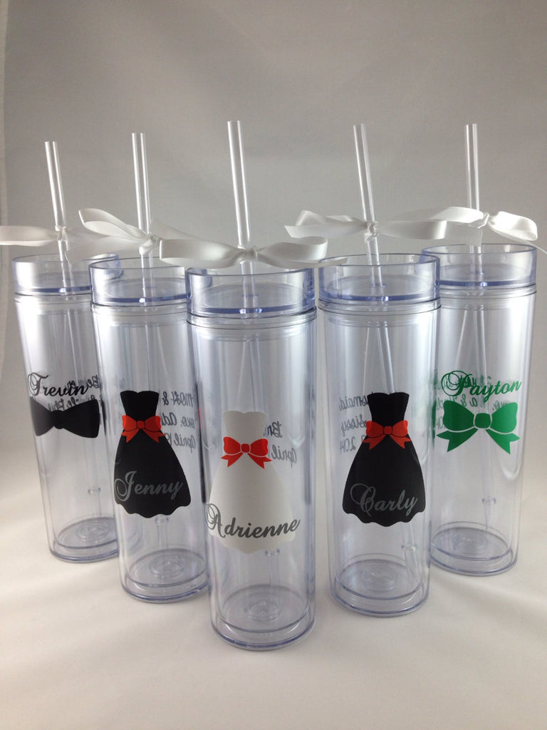 personalizable bridal wedding party tumblers, features wedding dress print name and color customizations