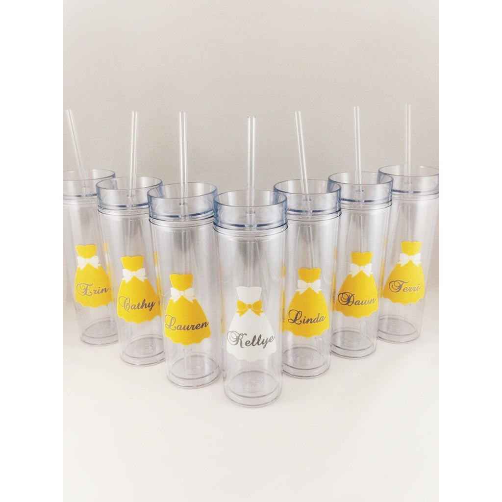 personalizable bridal wedding party tumblers, features wedding dress print name and color customizations