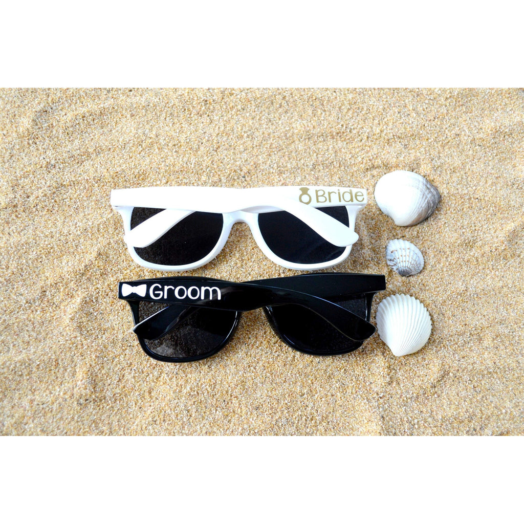 bride and groom wedding sunglasses customizable text front color