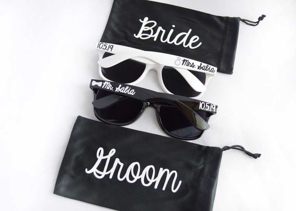 customizable bride groom sunglasses with bags