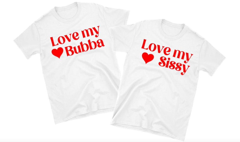 matching youth white t-shirts with red text I love my sissy/bubba