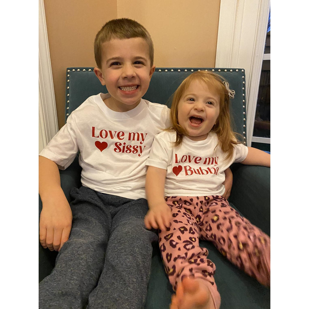 matching youth sibling shirts red text on white t-shirt valentines day