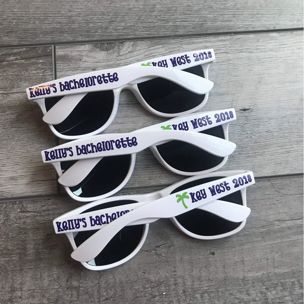 adult white wayfarer sunglasses personalized for bachelorette party 