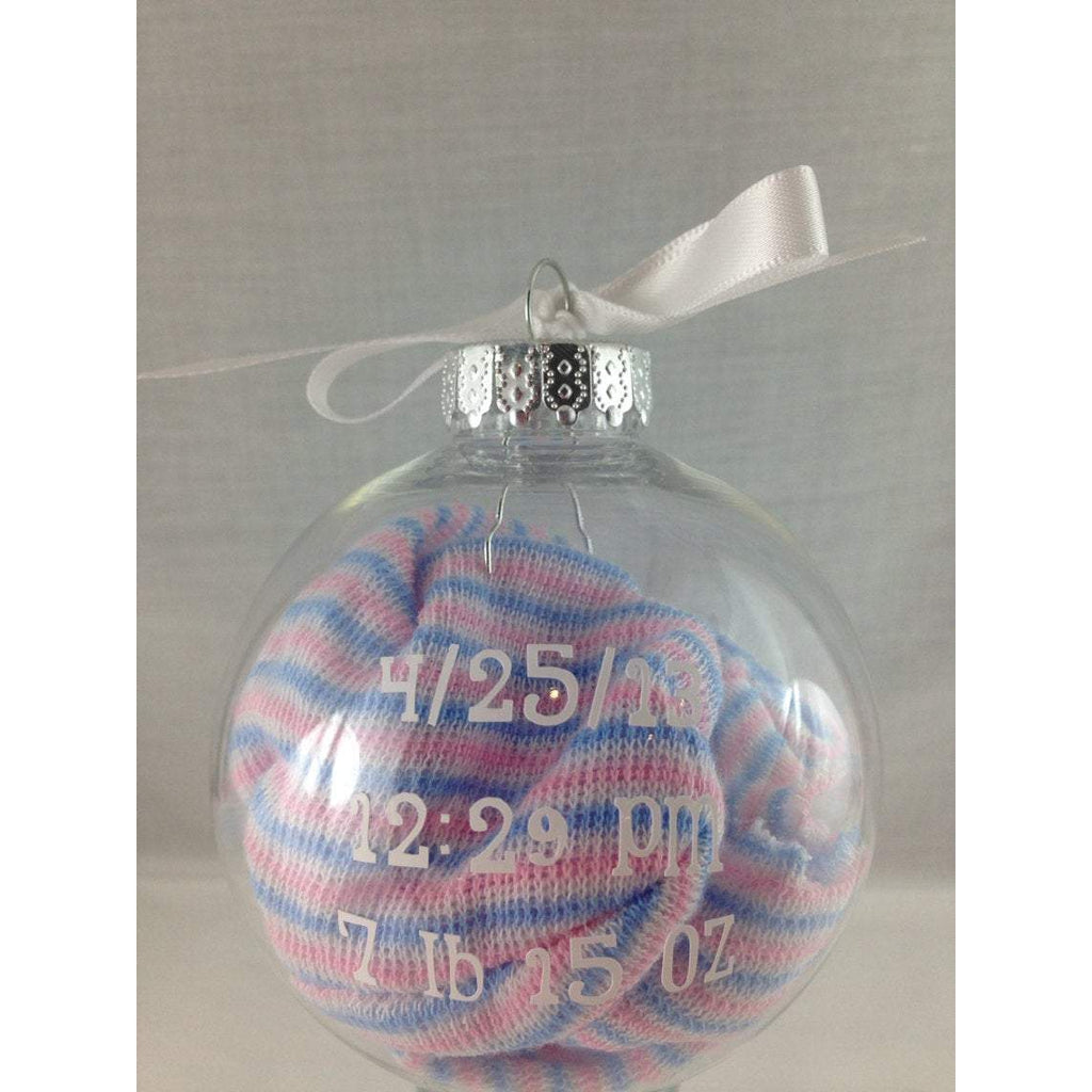 Child birthdate time weight Christmas ornament with ribbon bow