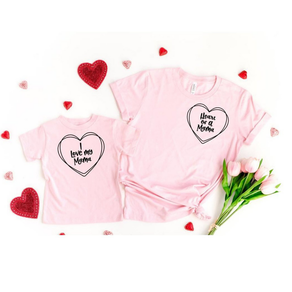 two baby pink shirts child and mother shirt black text I love my momma kids present heart of a mother shirt mothers day present cute memento family