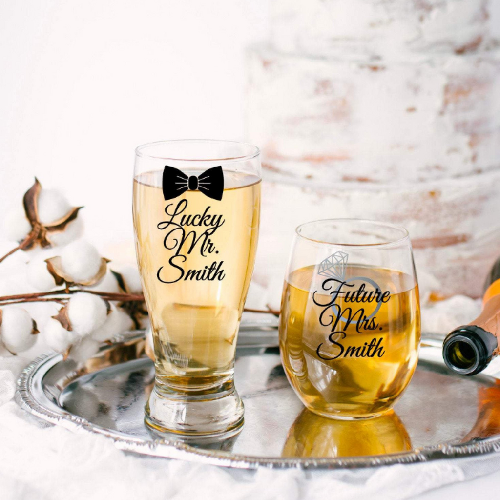 Lucky Mr. Pilsner Glass and Future Mrs Stemless Wine Glass Set BellaCuttery