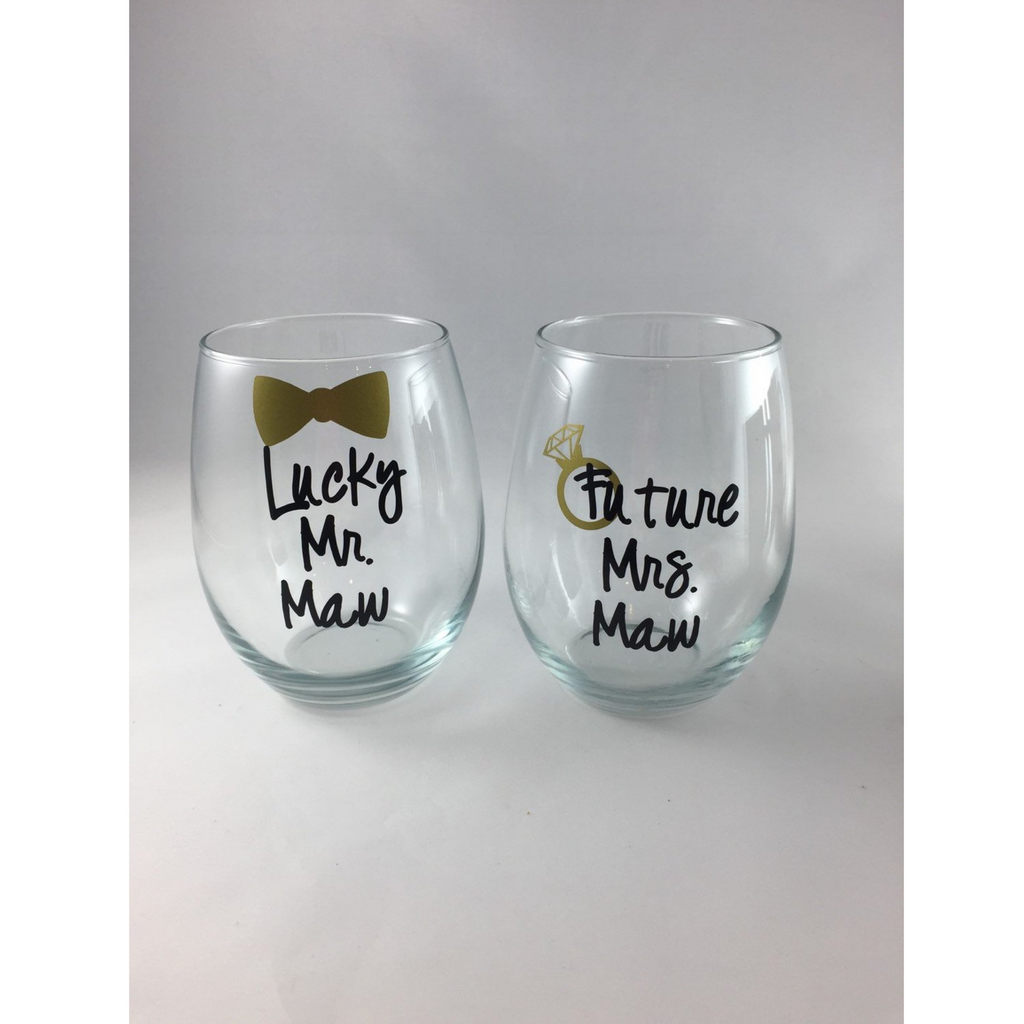 lucky mr future mrs stemless wine glasses bachelorette bachelor wedding gift black text gold bowtie ring