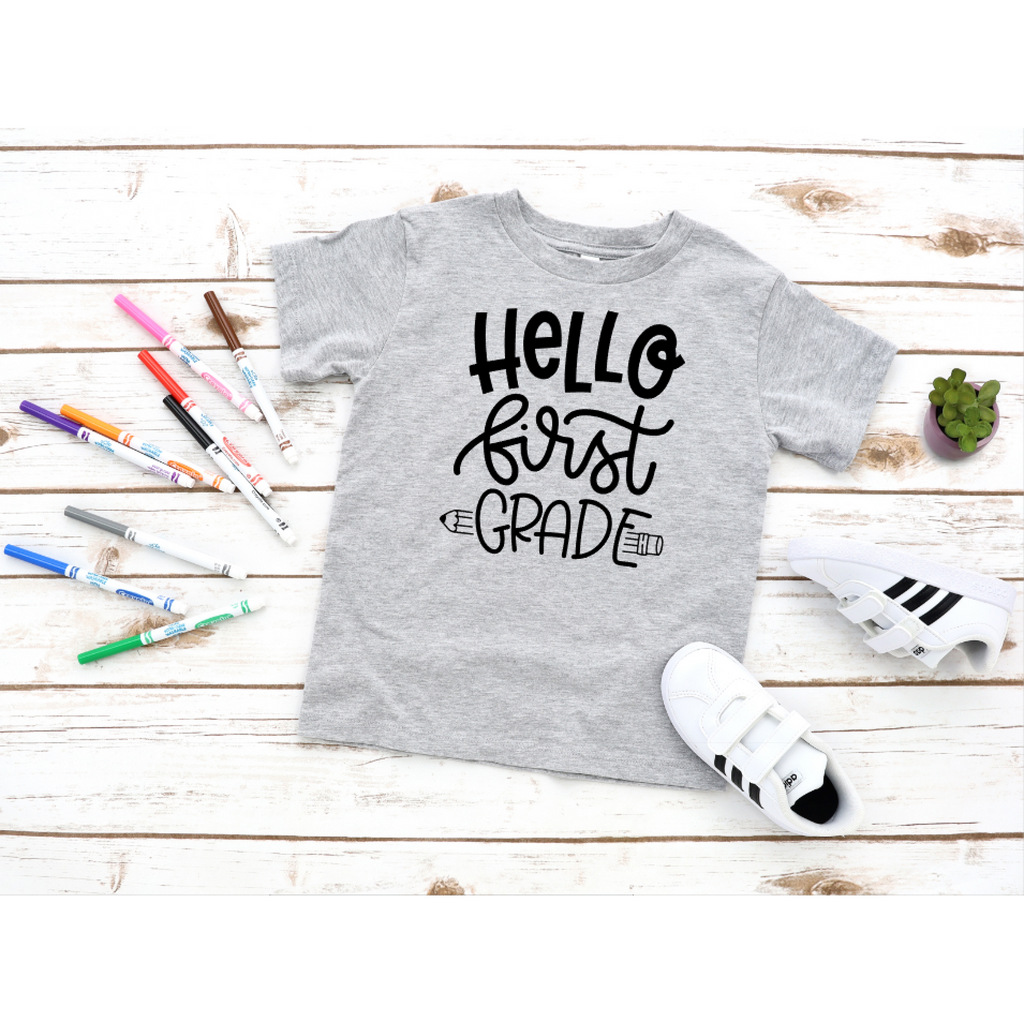 hello first grade back to school grey shirt with black text