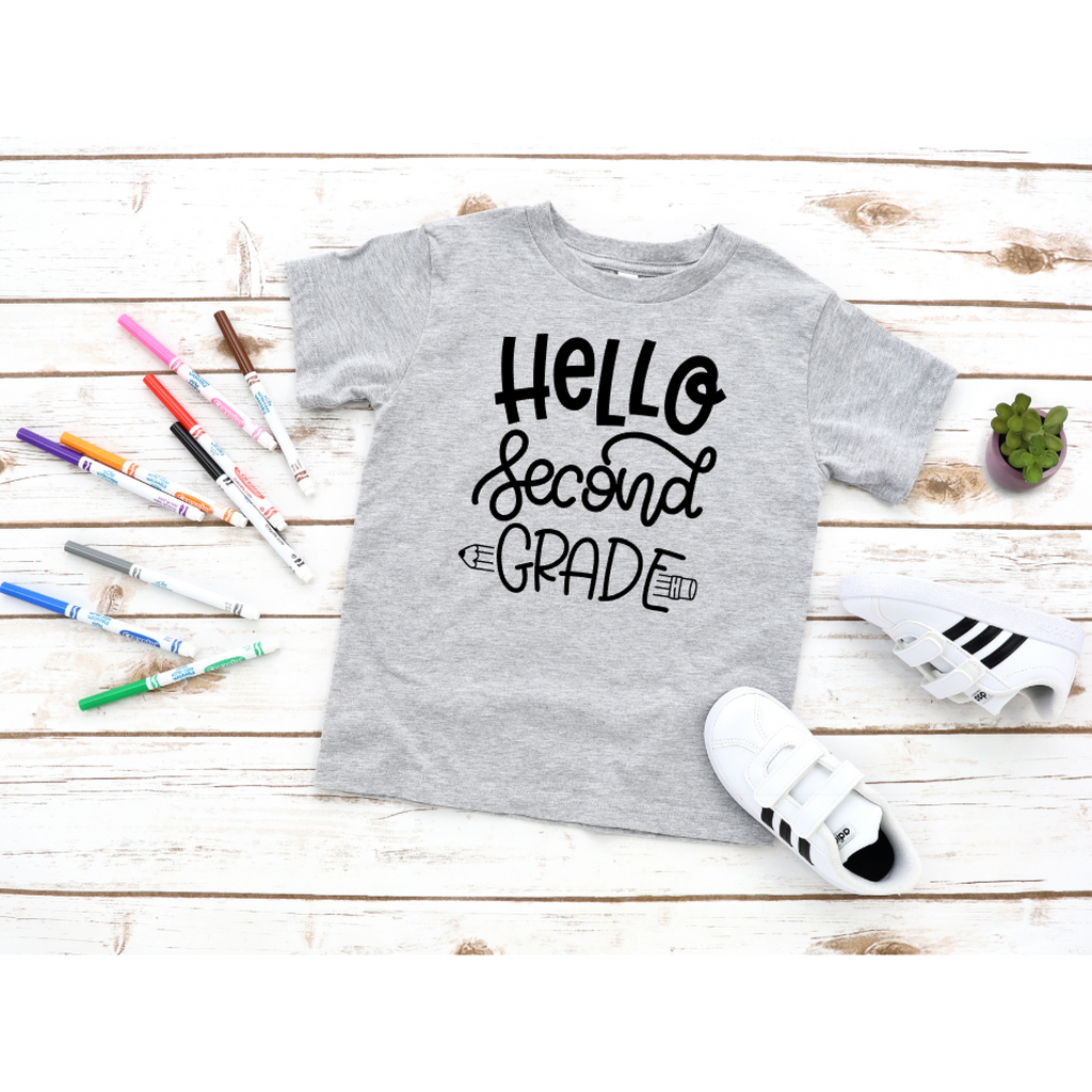 hello second grade back to school shirt grey shirt with black text