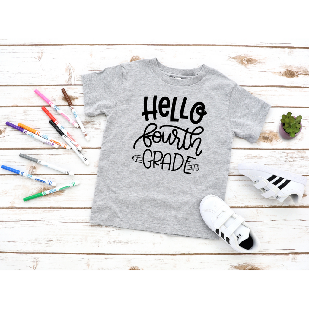 hello fourth grade back to school grey shirt with black text