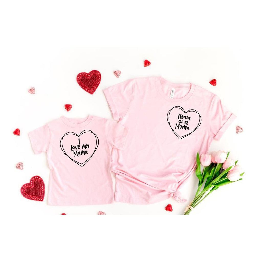 heart of a mama and I love my mama mommy and me matching shirts pink shirts with black text