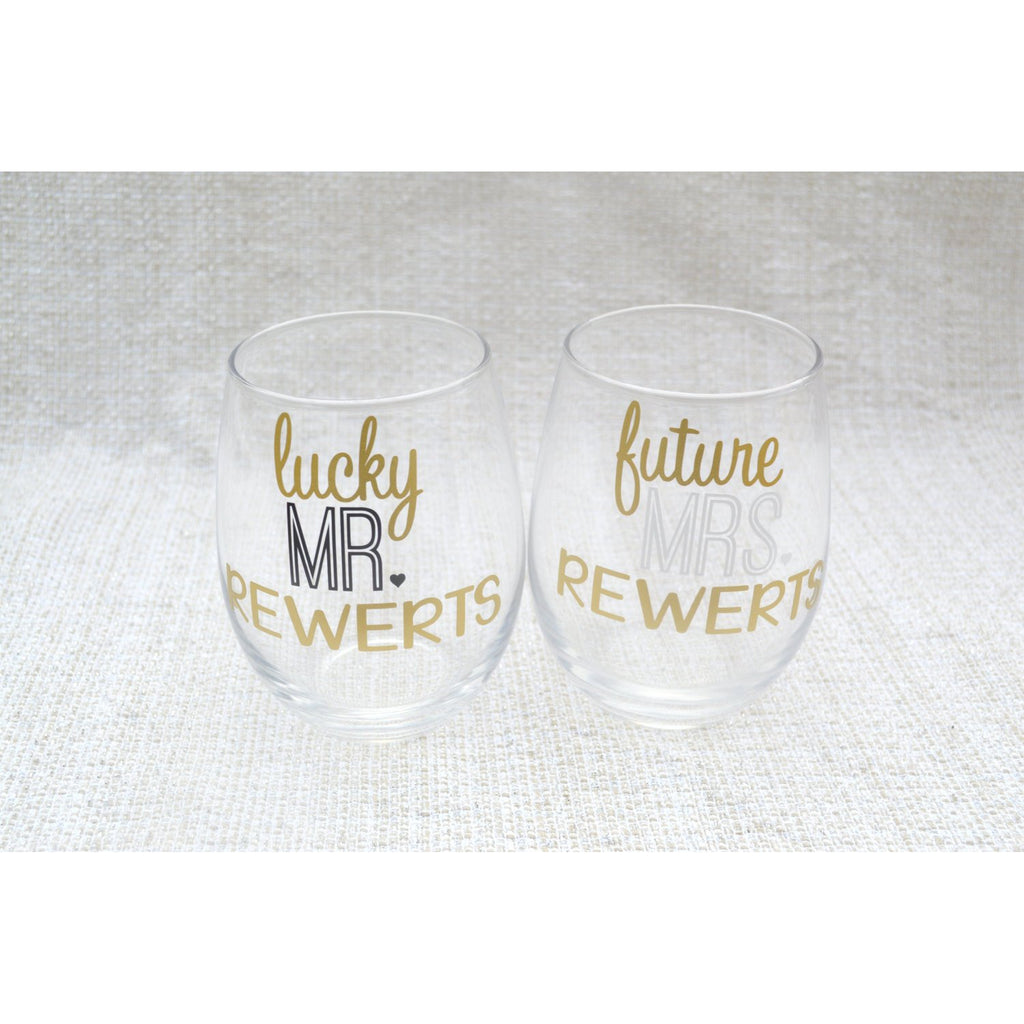 lucky mr and future mrs. stemless wine glass set