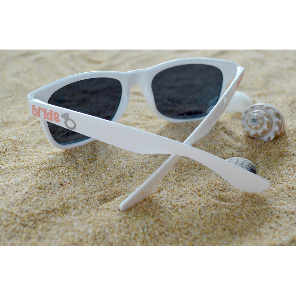 personalized bride sunglasses white wayfarer with bride on the arm