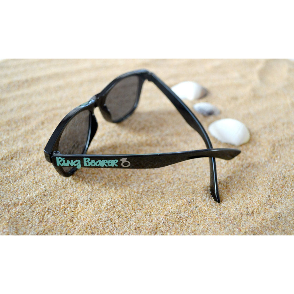ring bearer youth sunglasses black wayfarer with mint text and a ring