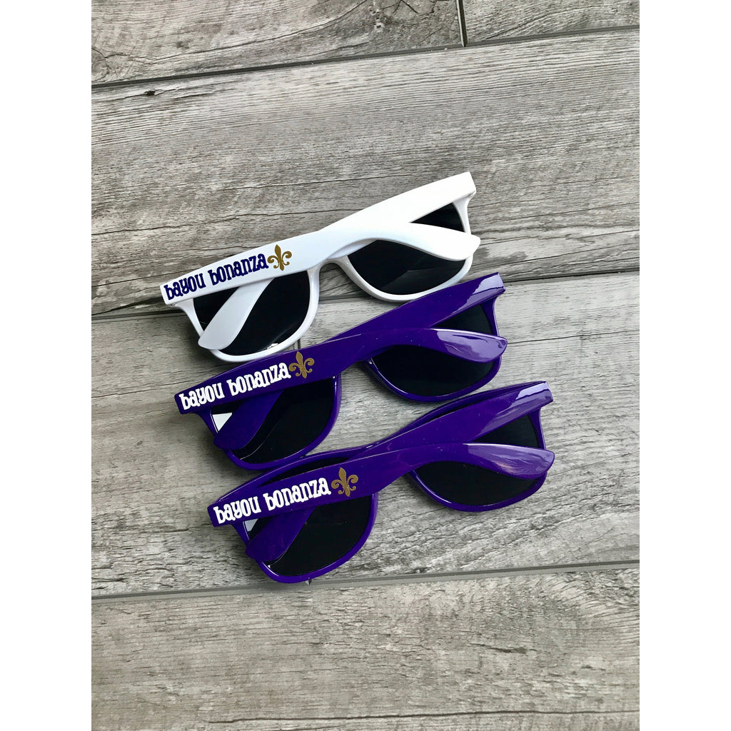 purple wayfarer adult sunglasses mardi gras with fleur de lis design