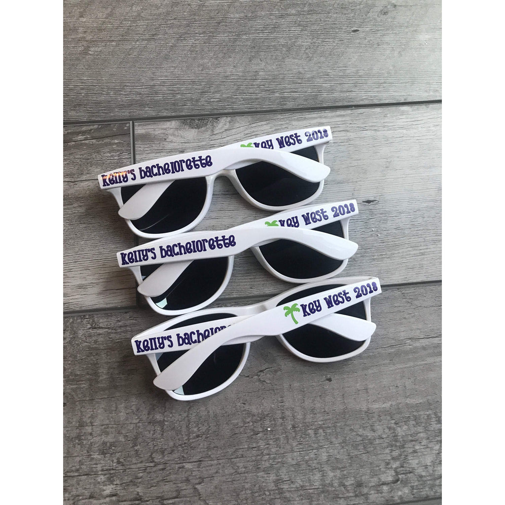 adult white wayfarer sunglasses personalized for bachelorette party key west