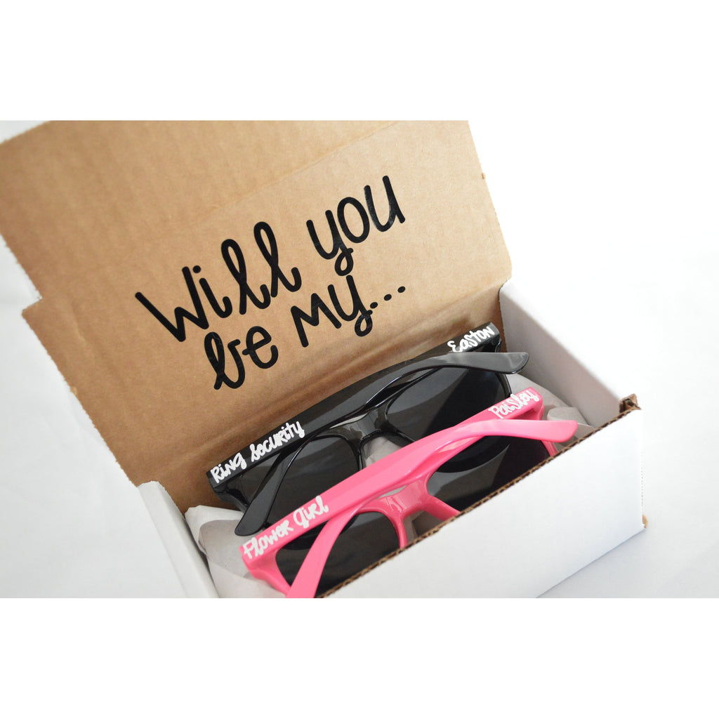 will you be my ring security and flower girl sunglass set proposl box