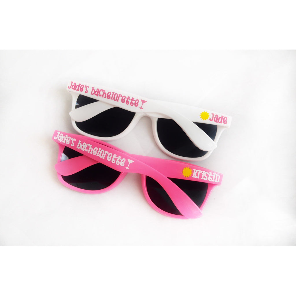 bachelorette party sunglasses white pink wayfarer personalized