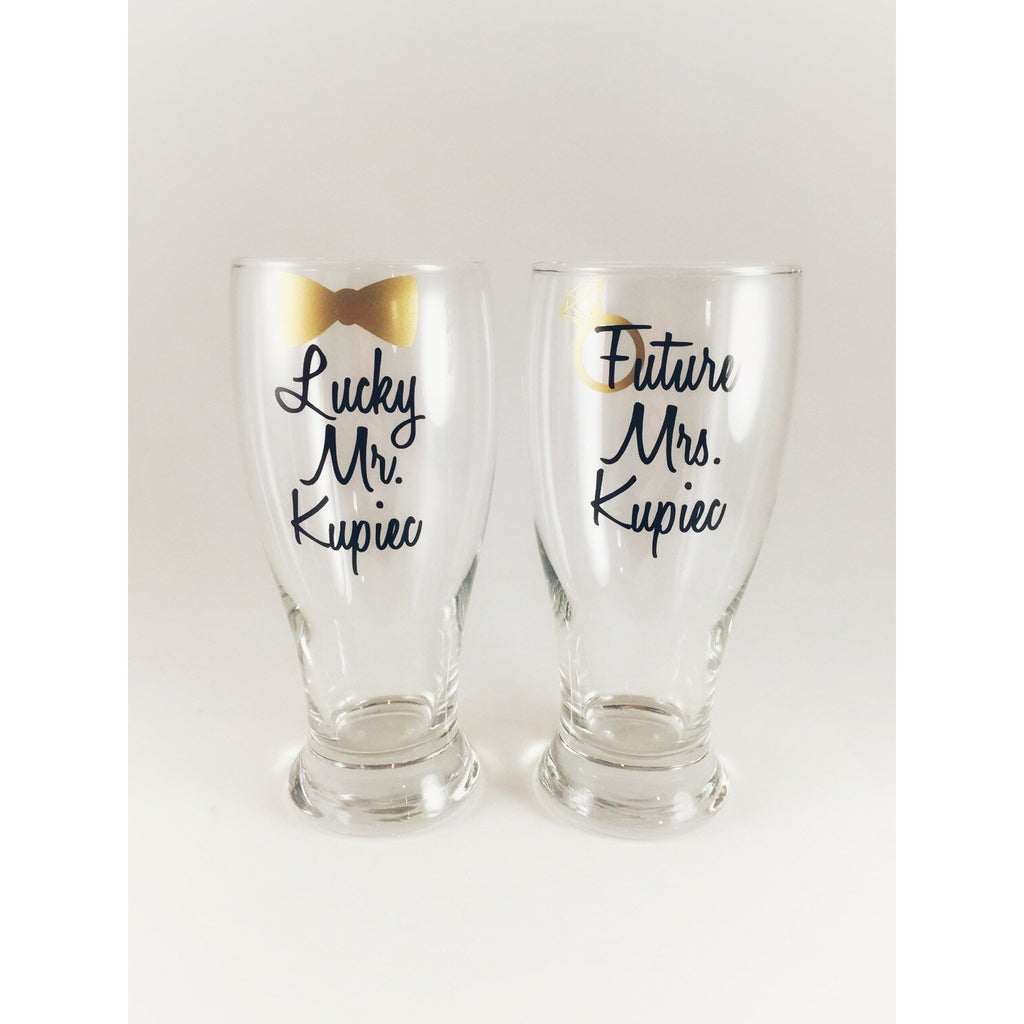 lucky mr and future mrs pilsner beer glass sets black text with gold bow tie and gold ring