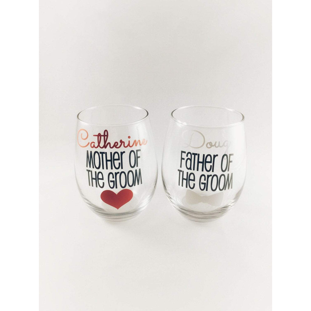 parents of the bride and groom personalized stemless wine glasses