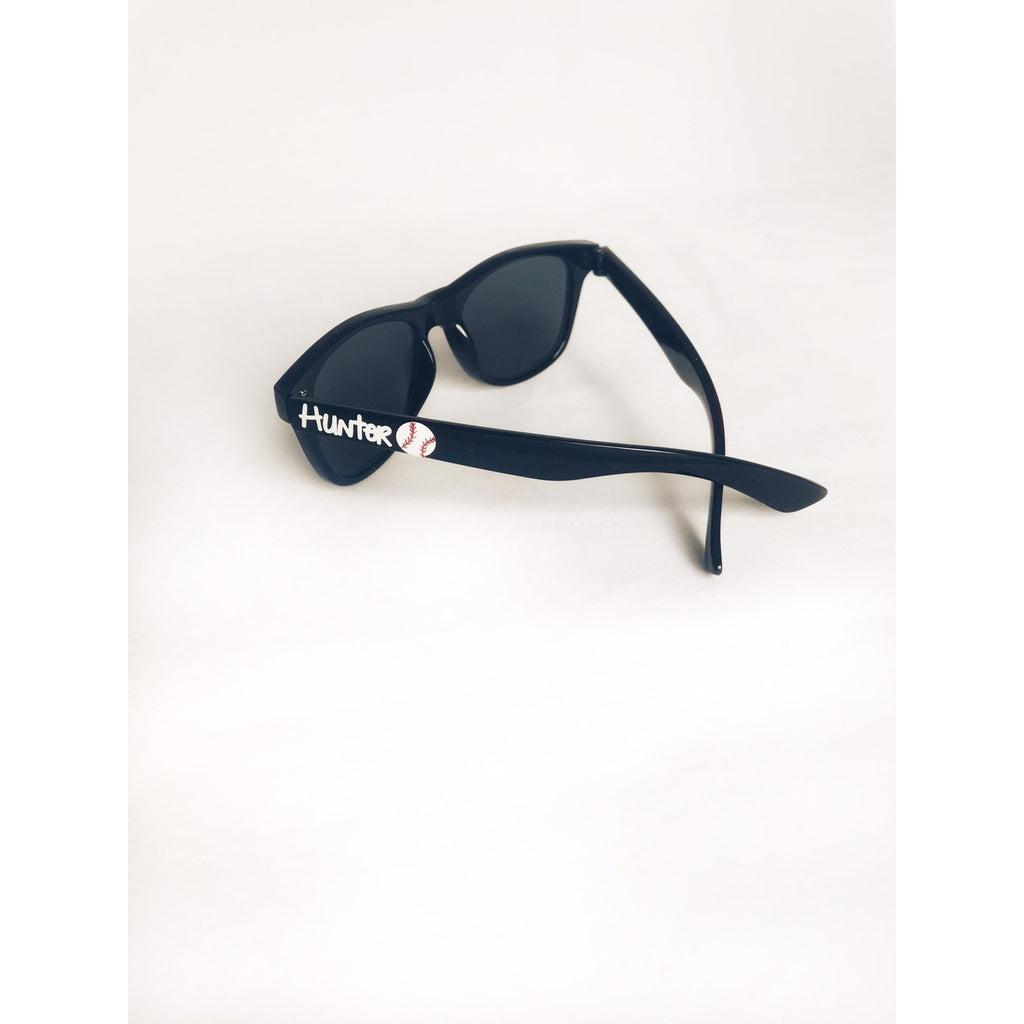 kids personalized sunglasses black youth sunglasses with white text and a baseball