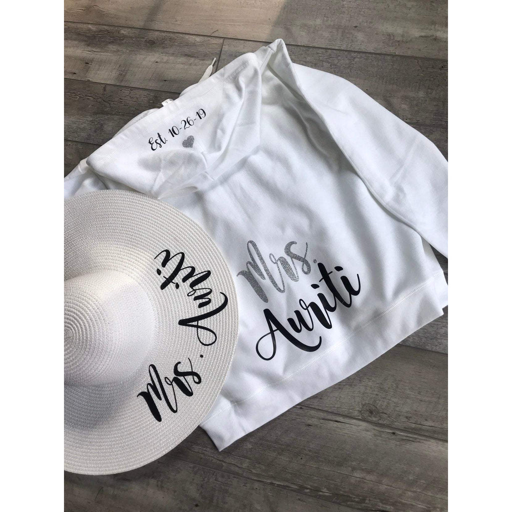 personalized future mrs. zippered hoodie and personalized white floppy hat