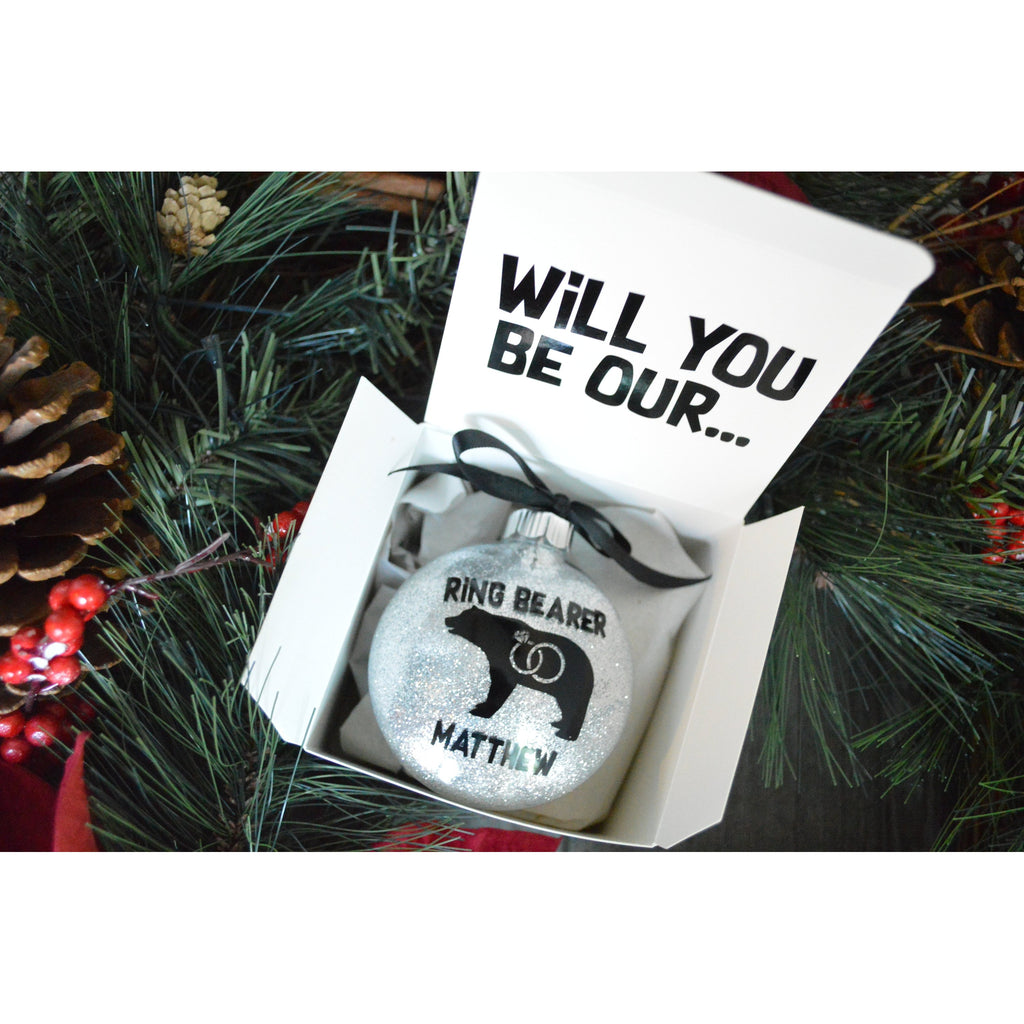 will you be our ring bearer silver glitter ornament with ribbon in bo
