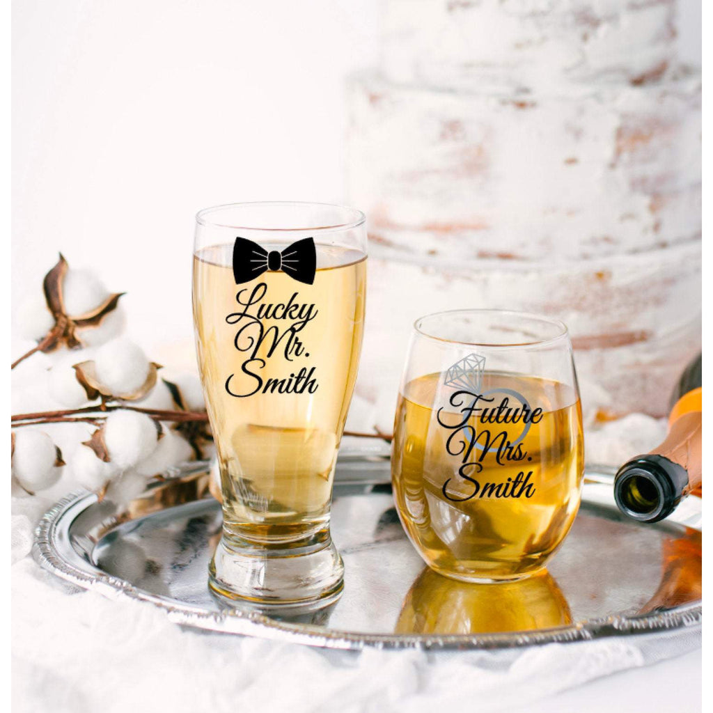 Lucky Mr Pilsner Beer Glass with Bow Tie and Future Mrs Wine with Ring