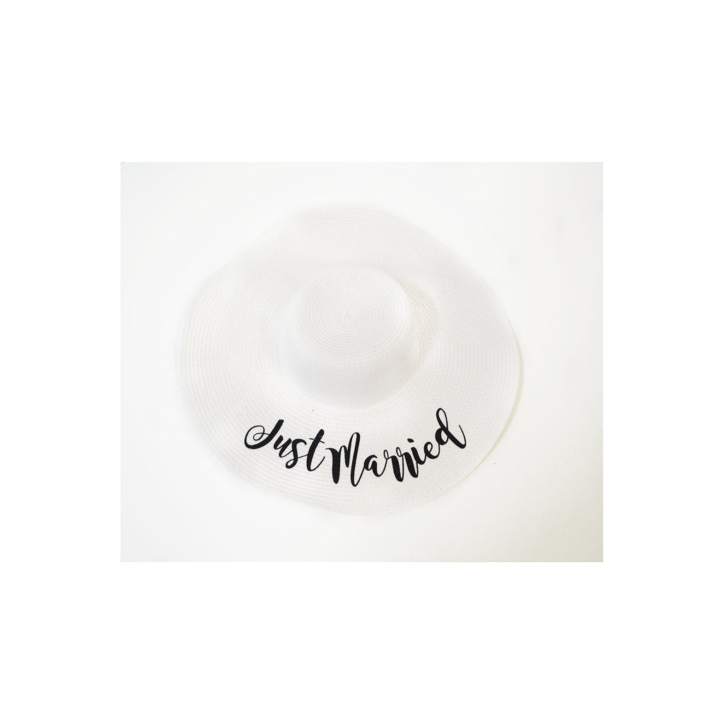 just married white floppy sun hat with black cursive text