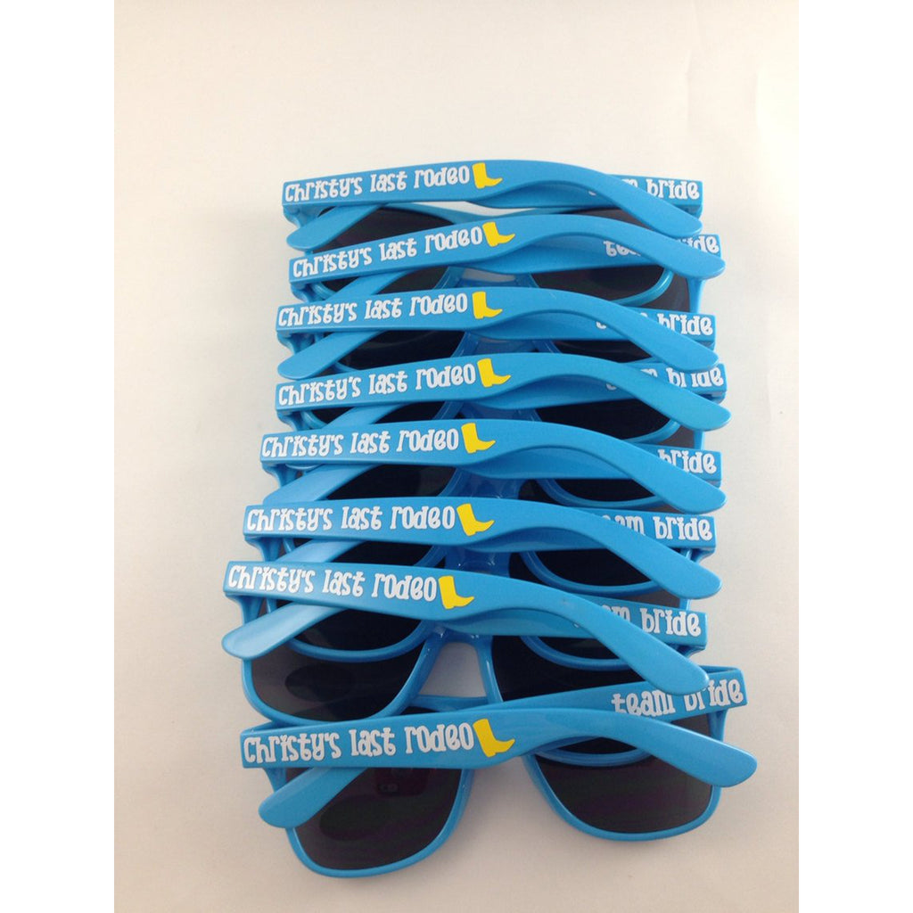 light blue adult wayfarer sunglasses with boot last rodeo nashville bachelorette favors