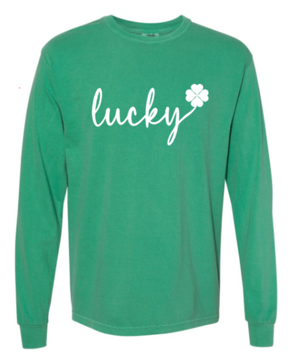 cute st Patricks day seasonal green sweater white text lucky four leaf clover